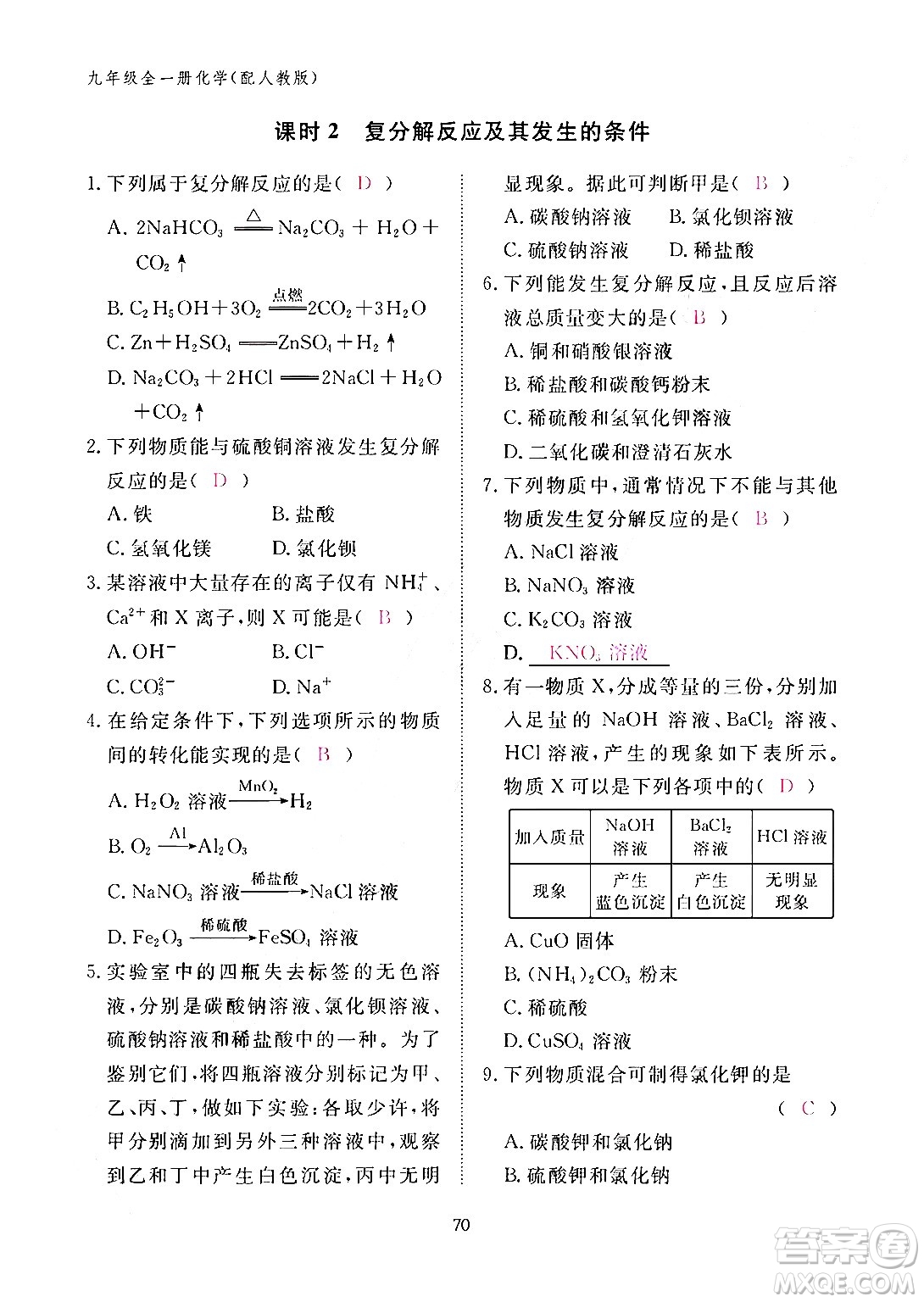 江西教育出版社2024年春化學(xué)作業(yè)本九年級(jí)化學(xué)下冊(cè)人教PEP版答案