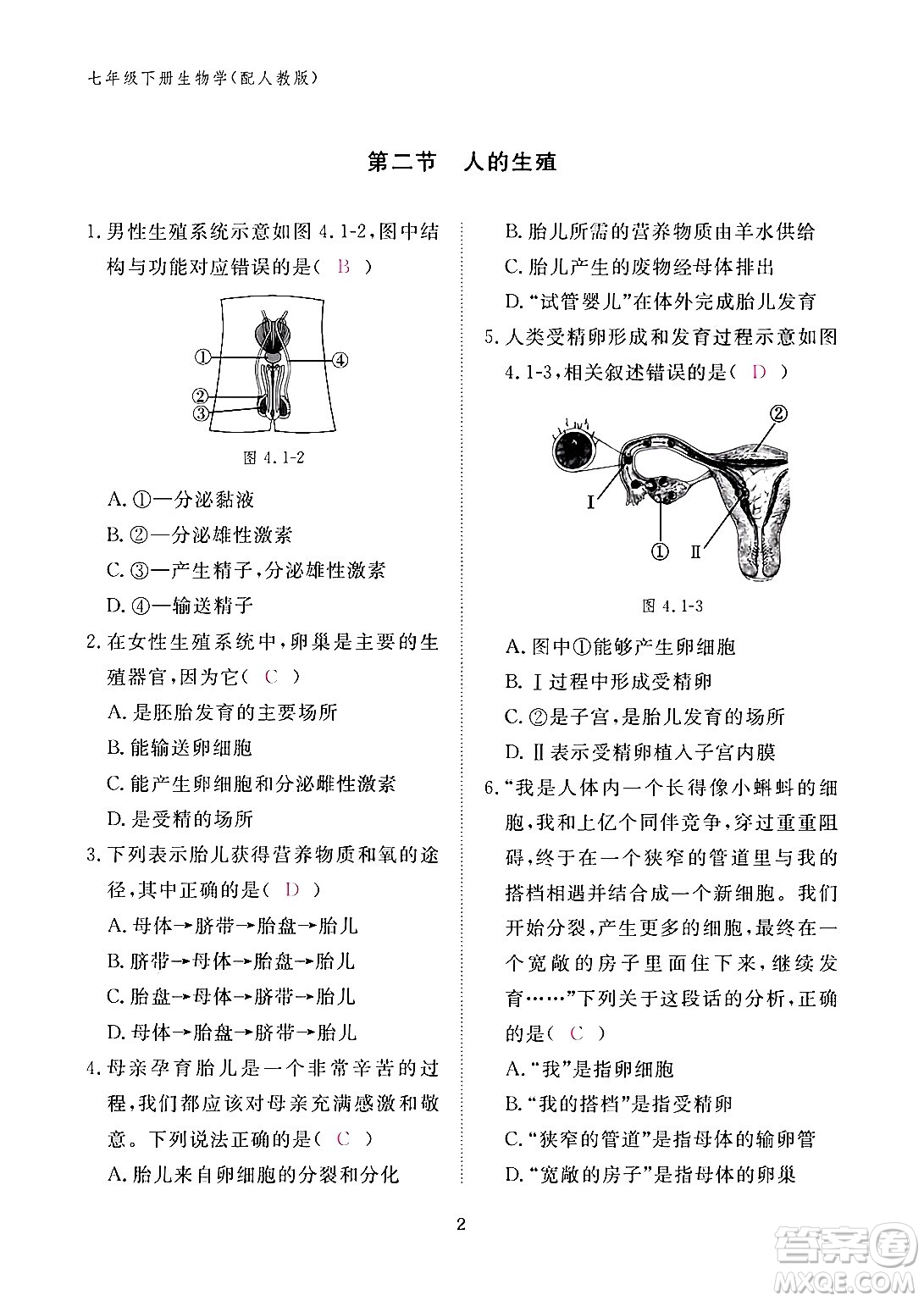 江西教育出版社2024年春生物作業(yè)本七年級生物下冊人教版答案