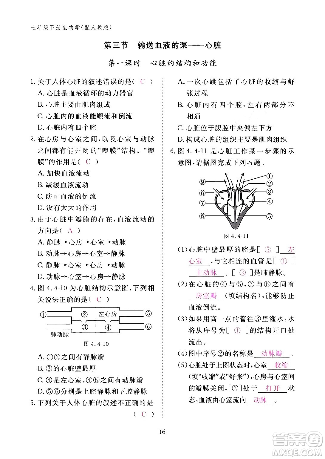 江西教育出版社2024年春生物作業(yè)本七年級生物下冊人教版答案