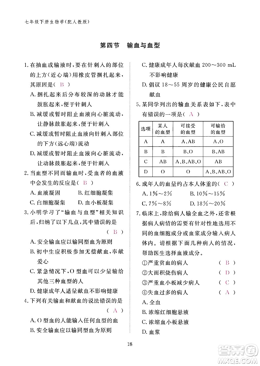 江西教育出版社2024年春生物作業(yè)本七年級生物下冊人教版答案