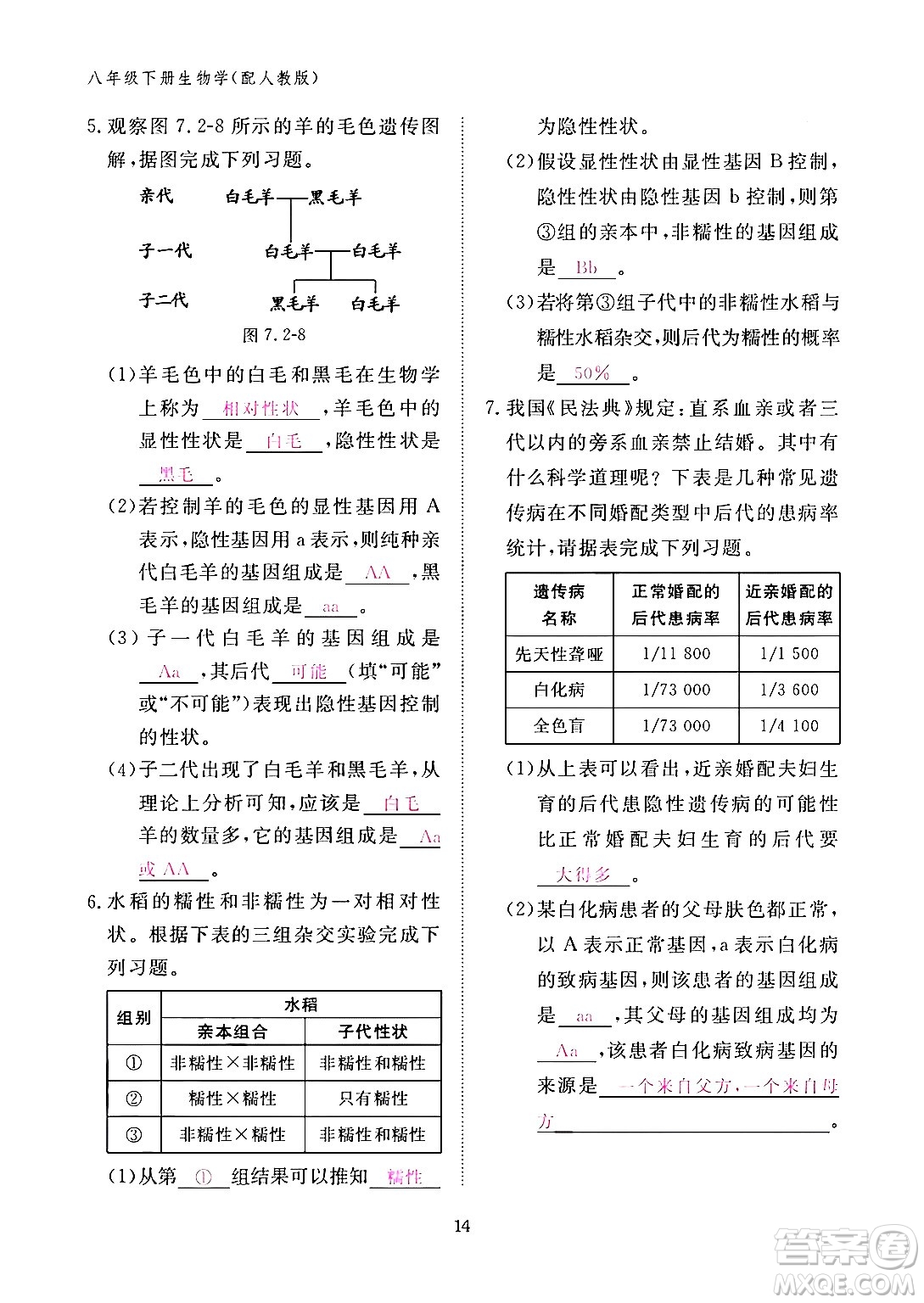 江西教育出版社2024年春生物作業(yè)本八年級生物下冊人教版答案