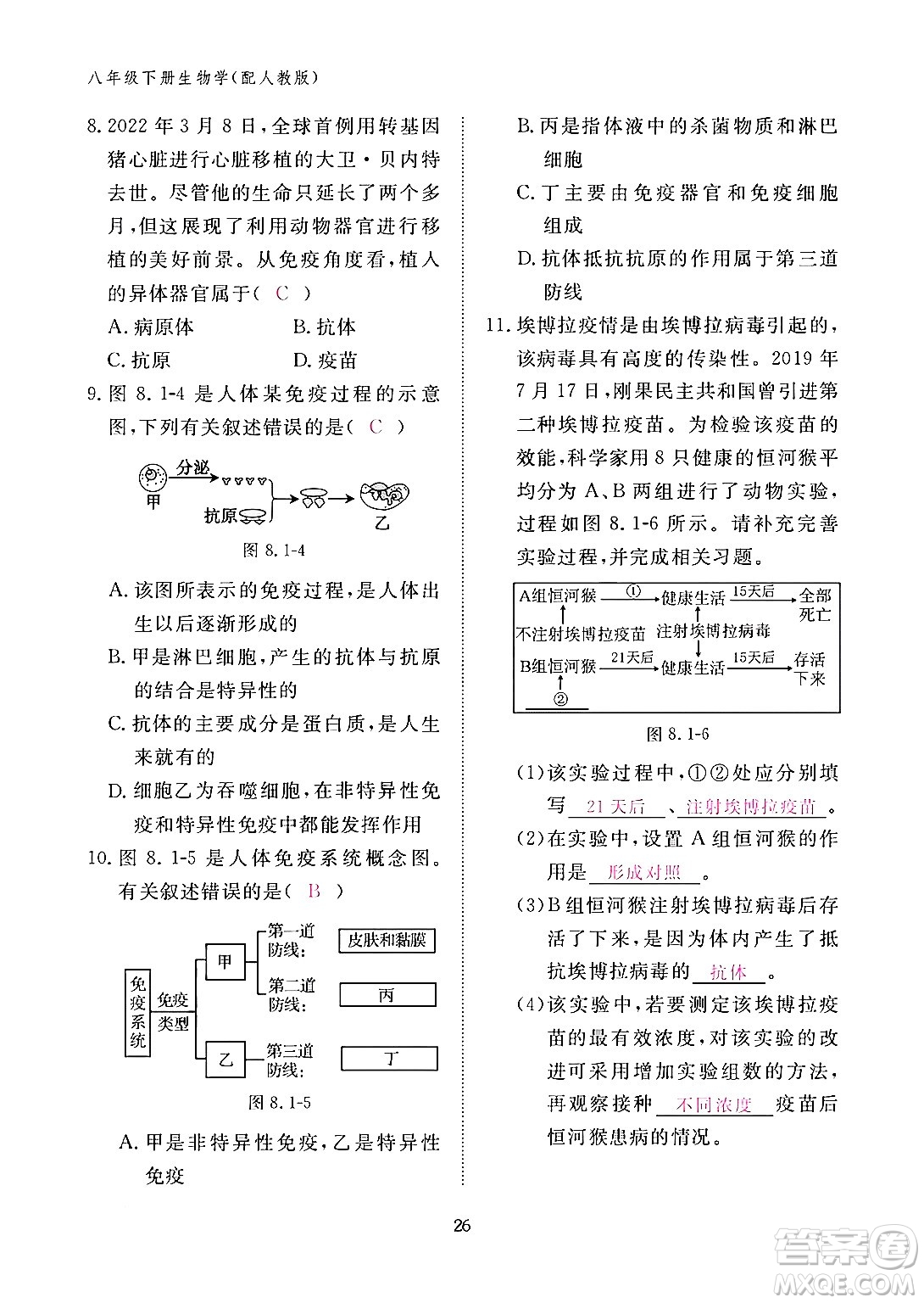 江西教育出版社2024年春生物作業(yè)本八年級生物下冊人教版答案