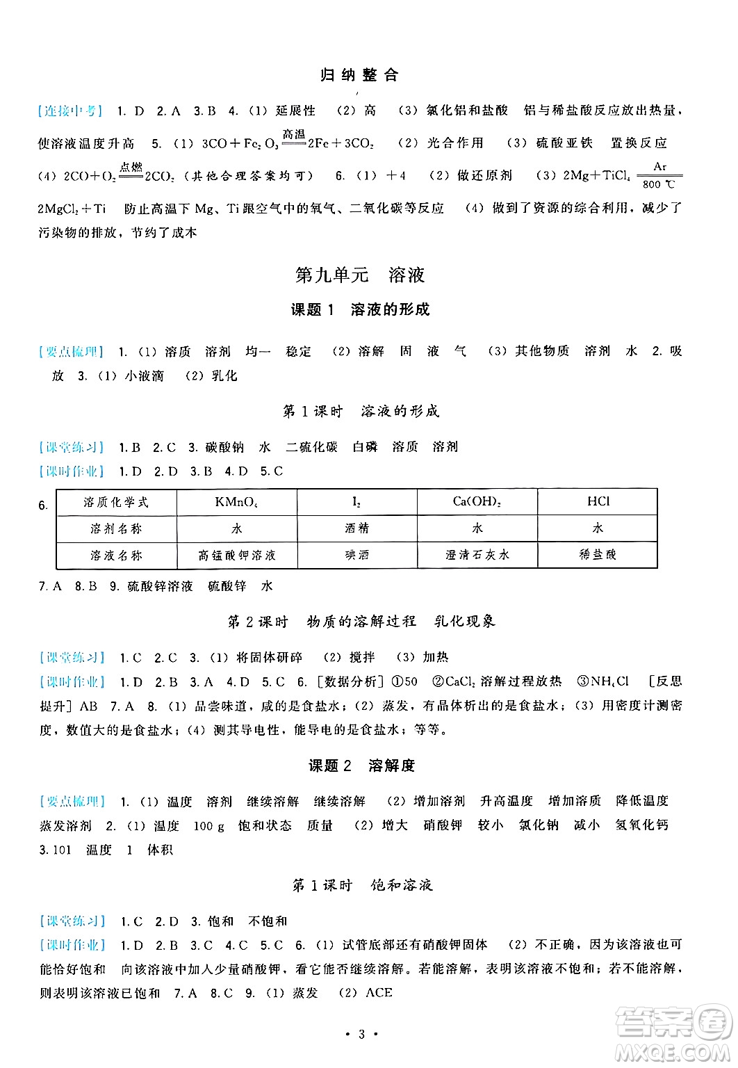 福建人民出版社2024年春頂尖課課練九年級化學(xué)下冊人教版答案