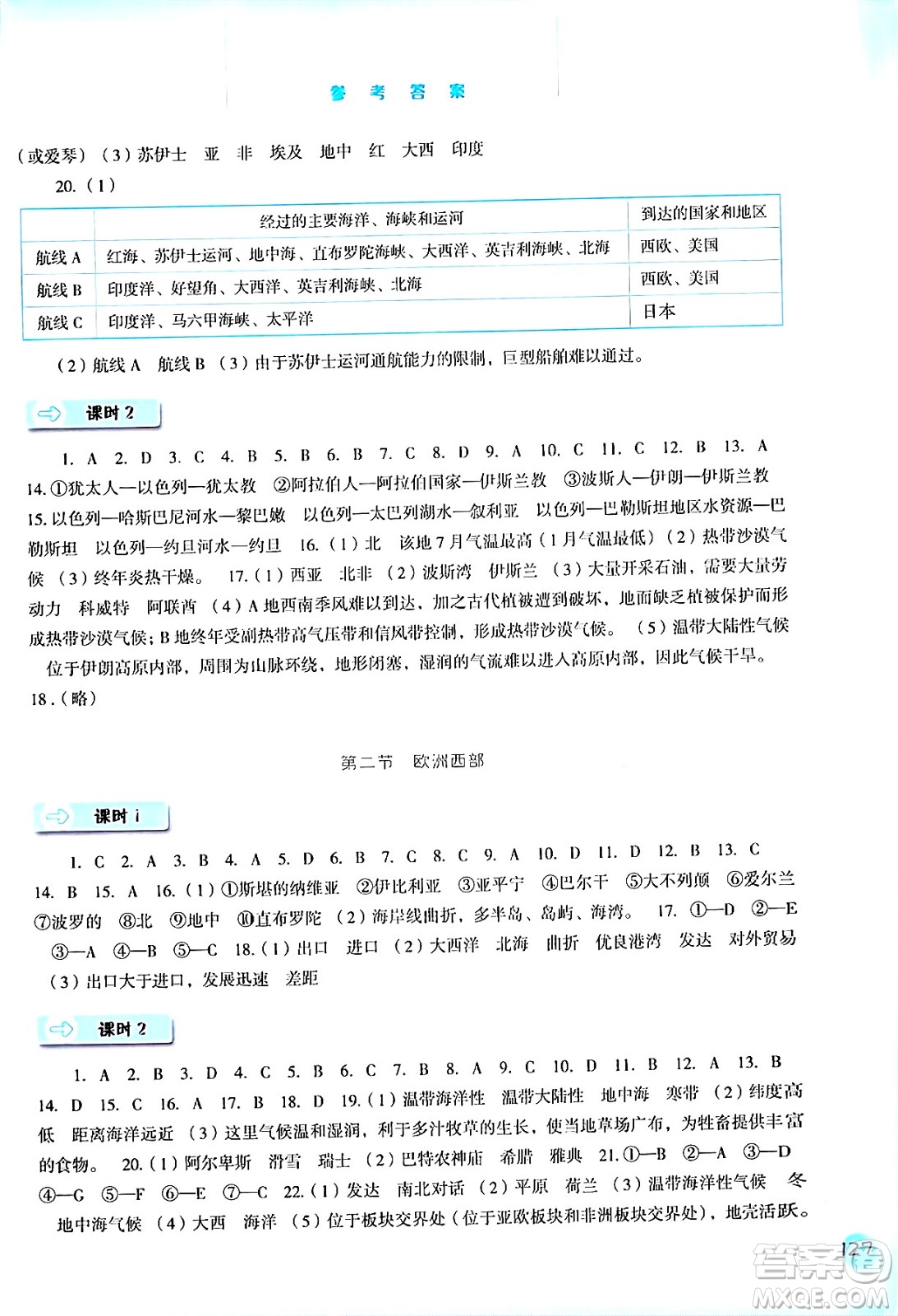 河北人民出版社2024年春同步訓(xùn)練七年級地理下冊人教版答案