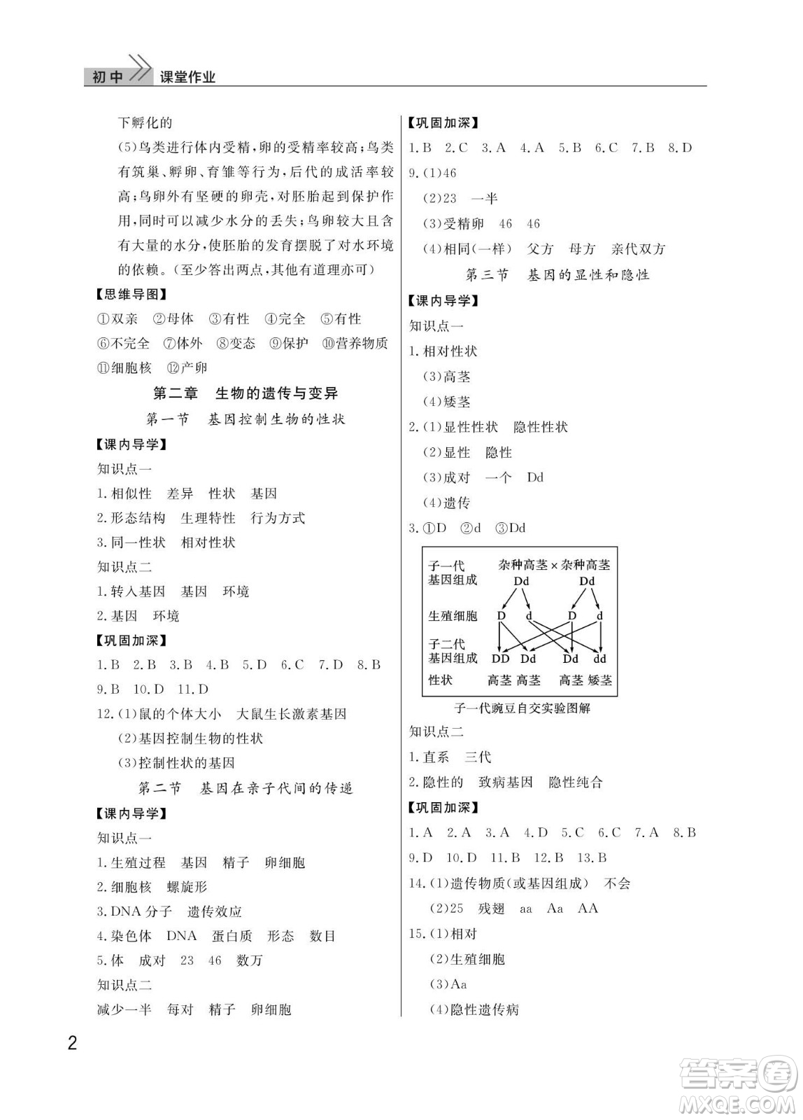 武漢出版社2024年春智慧學習天天向上課堂作業(yè)八年級生物下冊人教版答案