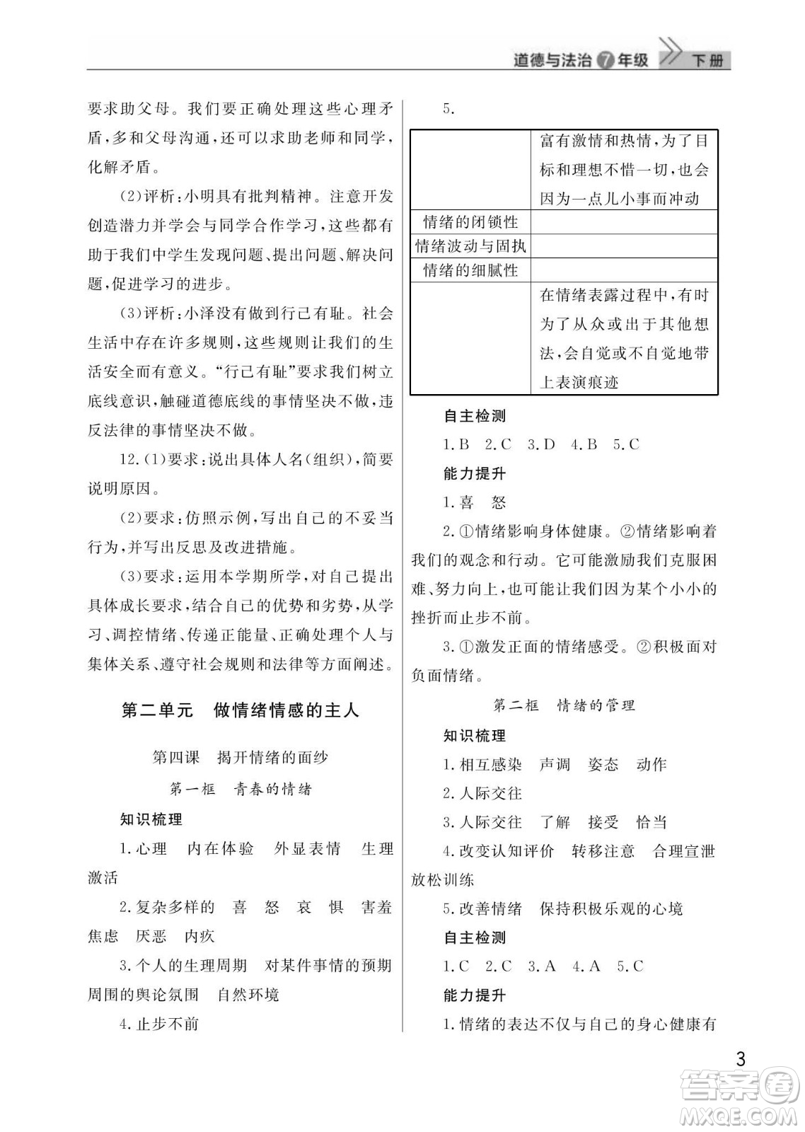 武漢出版社2024年春智慧學(xué)習(xí)天天向上課堂作業(yè)七年級道德與法治下冊人教版答案