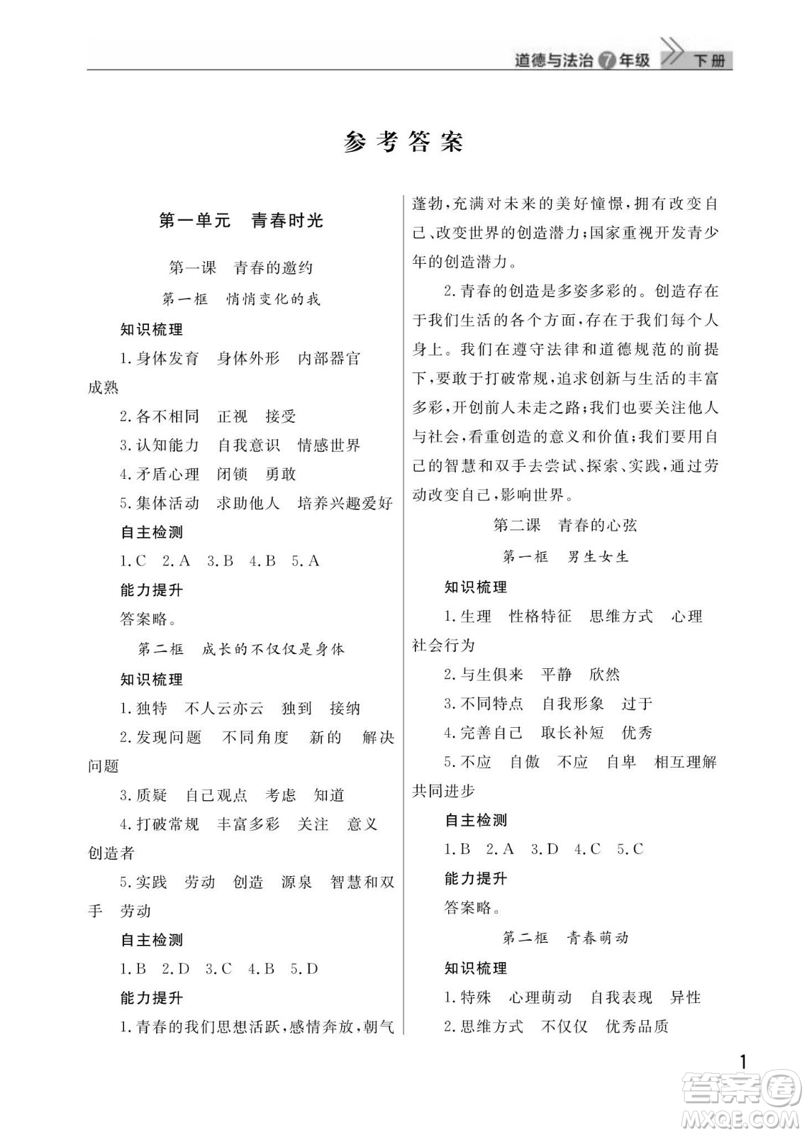 武漢出版社2024年春智慧學(xué)習(xí)天天向上課堂作業(yè)七年級道德與法治下冊人教版答案