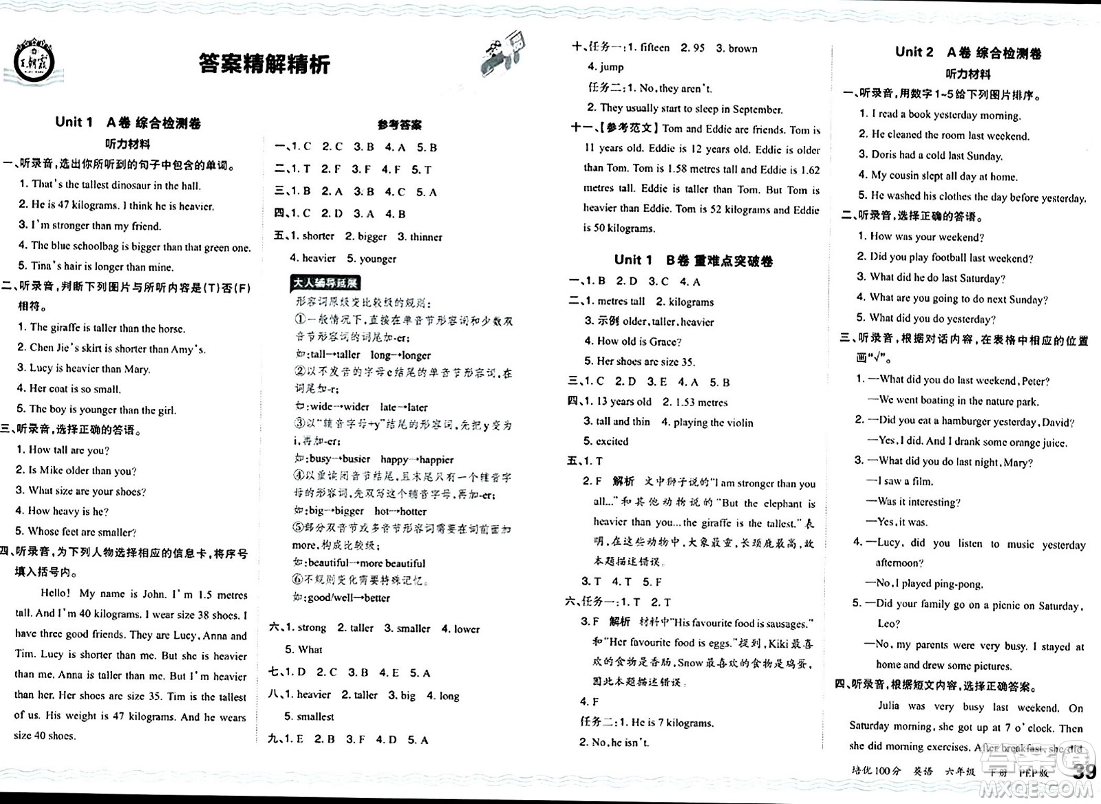 江西人民出版社2024年春王朝霞培優(yōu)100分六年級英語下冊人教PEP版答案