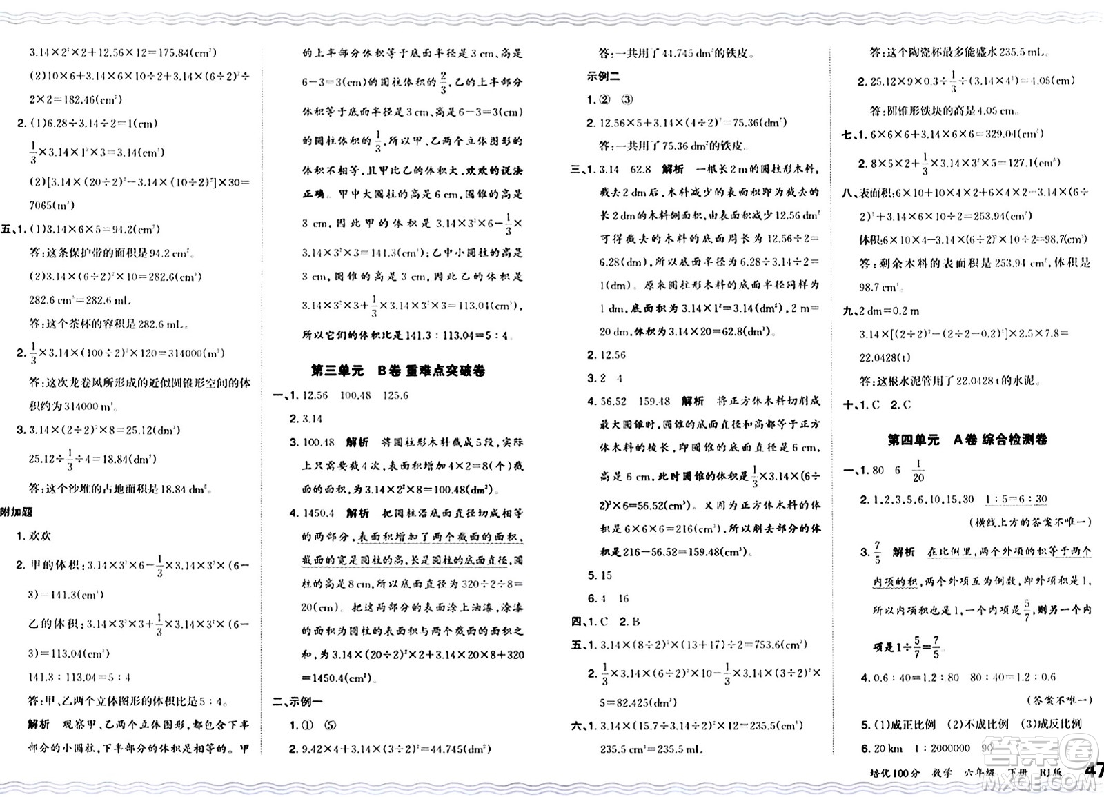 江西人民出版社2024年春王朝霞培優(yōu)100分六年級(jí)數(shù)學(xué)下冊(cè)人教版答案