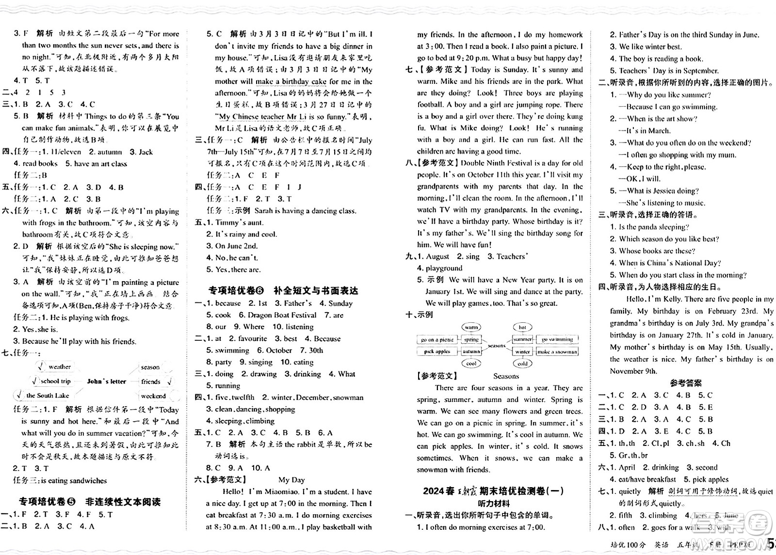 江西人民出版社2024年春王朝霞培優(yōu)100分五年級英語下冊人教PEP版答案