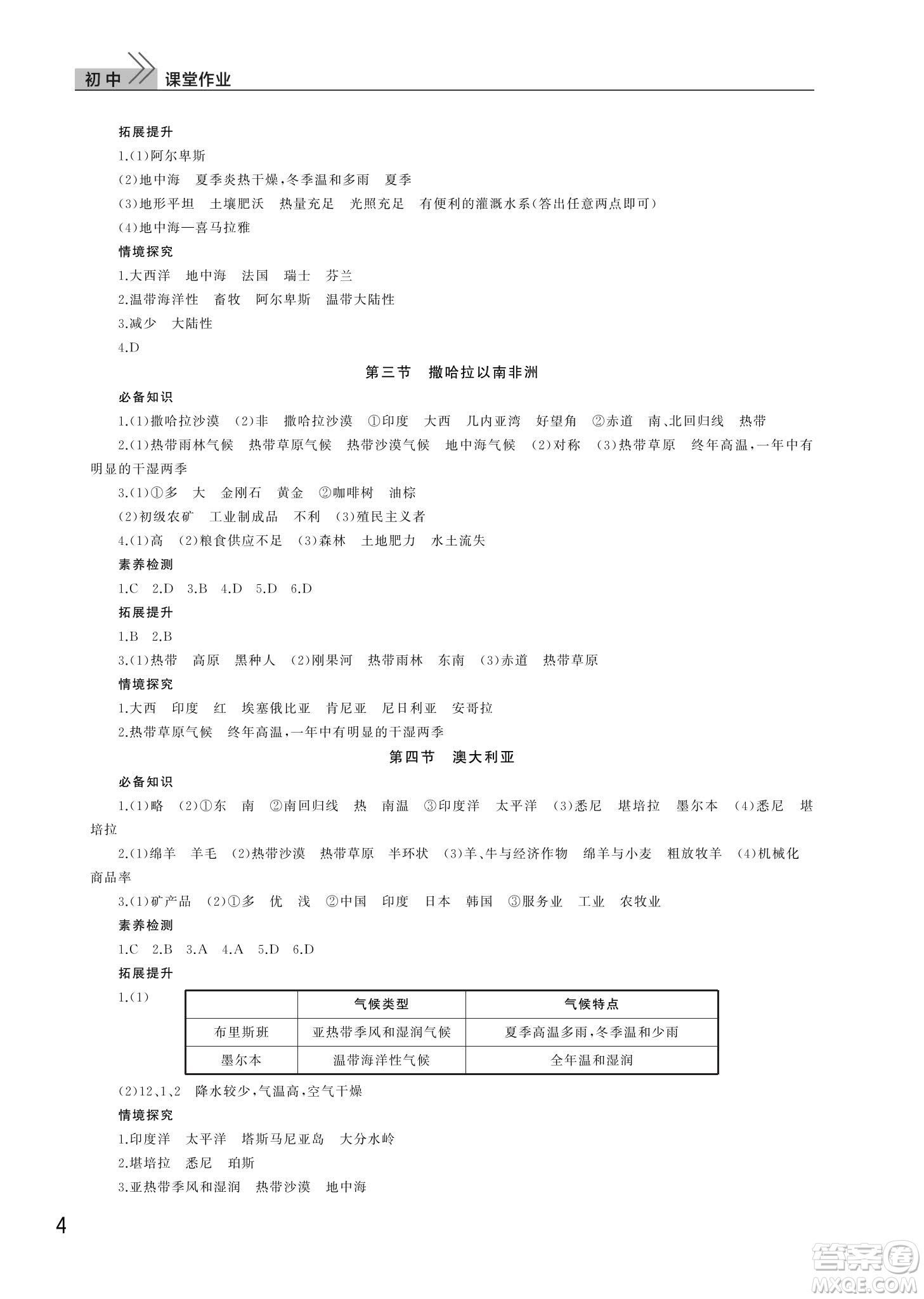 武漢出版社2024年春智慧學習天天向上課堂作業(yè)七年級地理下冊人教版答案