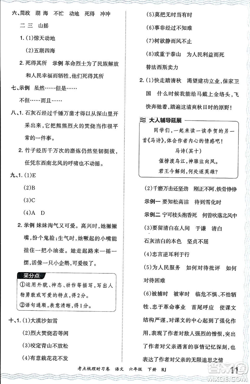 江西人民出版社2024年春王朝霞考點梳理時習卷六年級語文下冊人教版答案