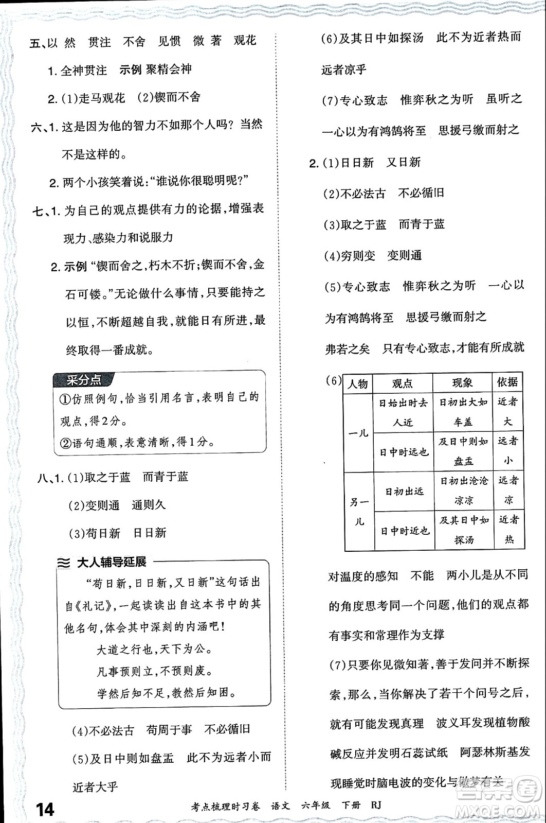 江西人民出版社2024年春王朝霞考點梳理時習卷六年級語文下冊人教版答案