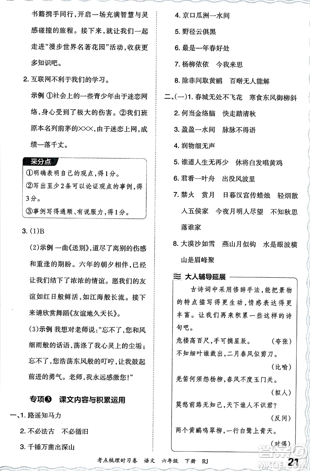 江西人民出版社2024年春王朝霞考點梳理時習卷六年級語文下冊人教版答案