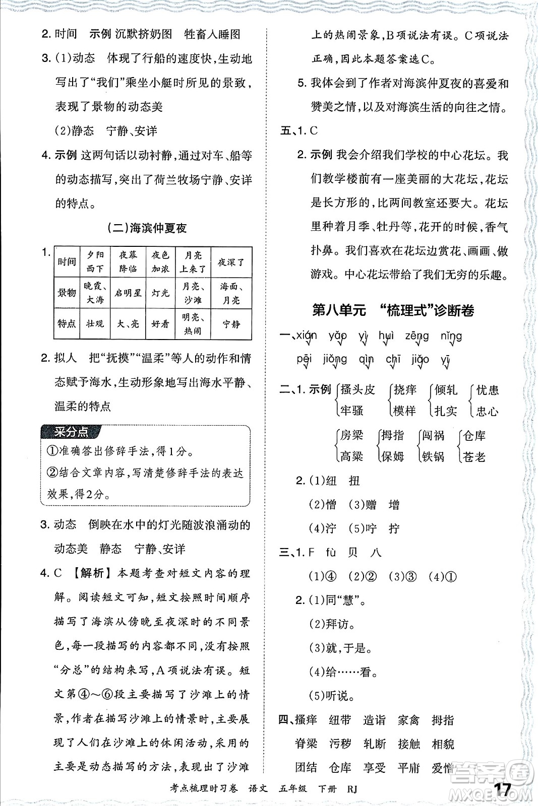 江西人民出版社2024年春王朝霞考點梳理時習卷五年級語文下冊人教版答案