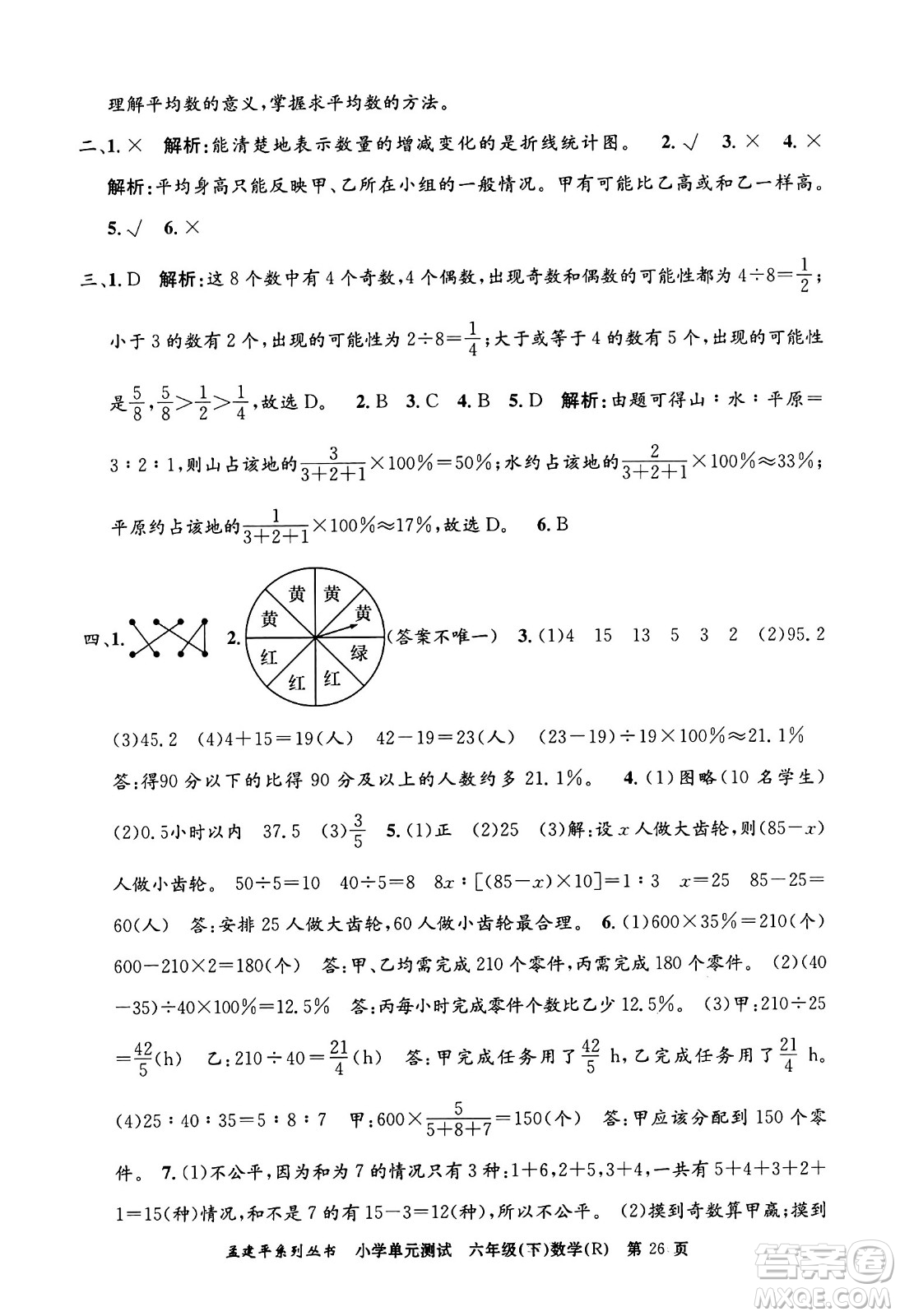 浙江工商大學(xué)出版社2024年春孟建平小學(xué)單元測(cè)試六年級(jí)數(shù)學(xué)下冊(cè)人教版答案