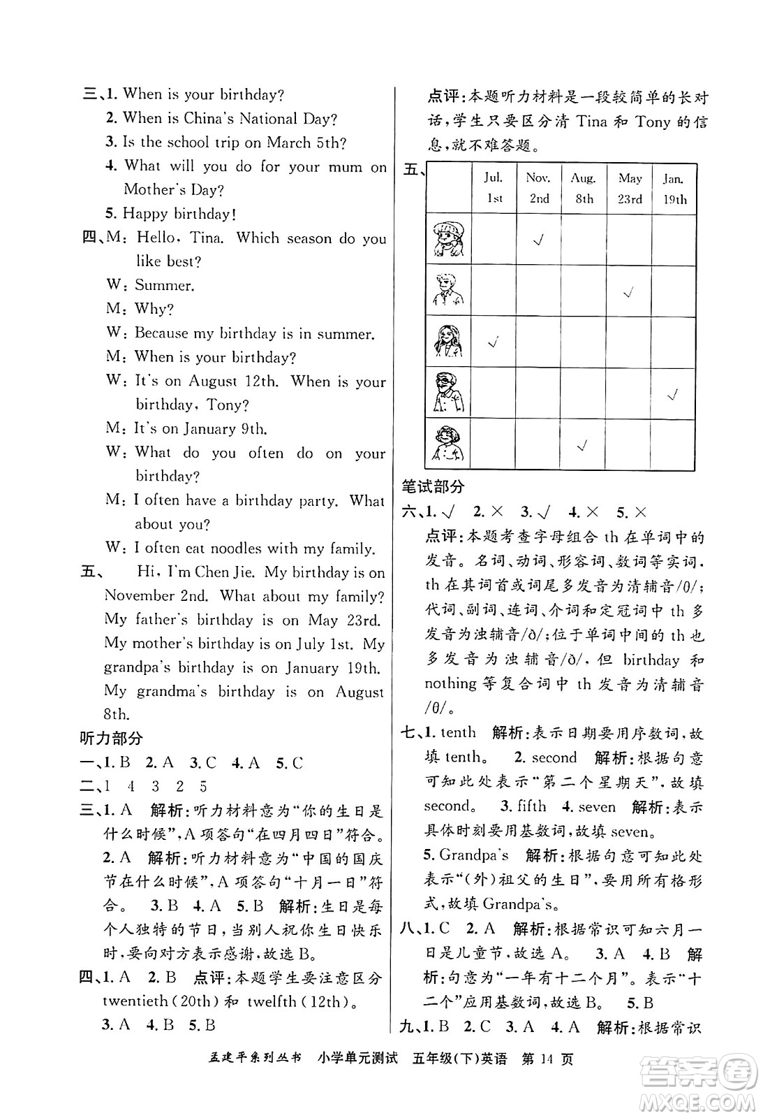 浙江工商大學(xué)出版社2024年春孟建平小學(xué)單元測試五年級英語下冊人教PEP版答案