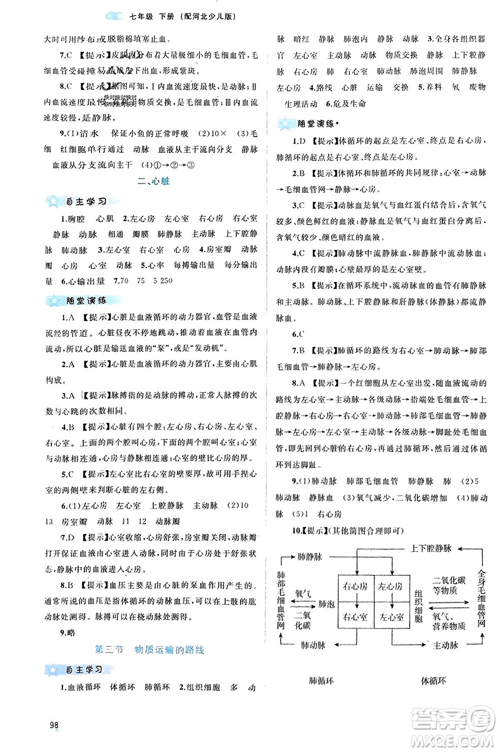 廣西師范大學(xué)出版社2024年春新課程學(xué)習(xí)與測(cè)評(píng)同步學(xué)習(xí)七年級(jí)生物下冊(cè)冀少版參考答案