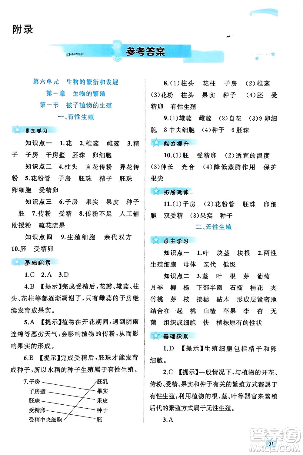 廣西師范大學(xué)出版社2024年春新課程學(xué)習(xí)與測評同步學(xué)習(xí)八年級生物下冊冀少版參考答案