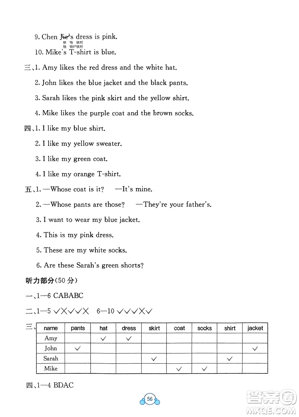 廣西教育出版社2024年春自主學(xué)習(xí)能力測評單元測試四年級英語下冊A版人教版參考答案