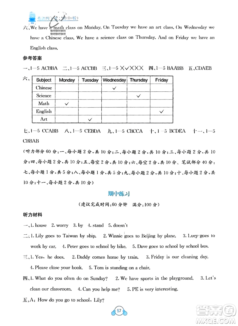 廣西教育出版社2024年春自主學(xué)習(xí)能力測(cè)評(píng)單元測(cè)試四年級(jí)英語下冊(cè)D版閩教版參考答案