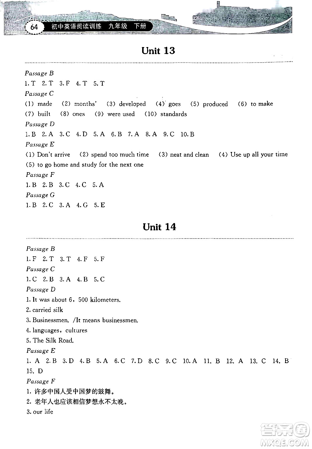 湖北教育出版社2024年春長江作業(yè)本初中英語閱讀訓(xùn)練九年級英語下冊人教版答案