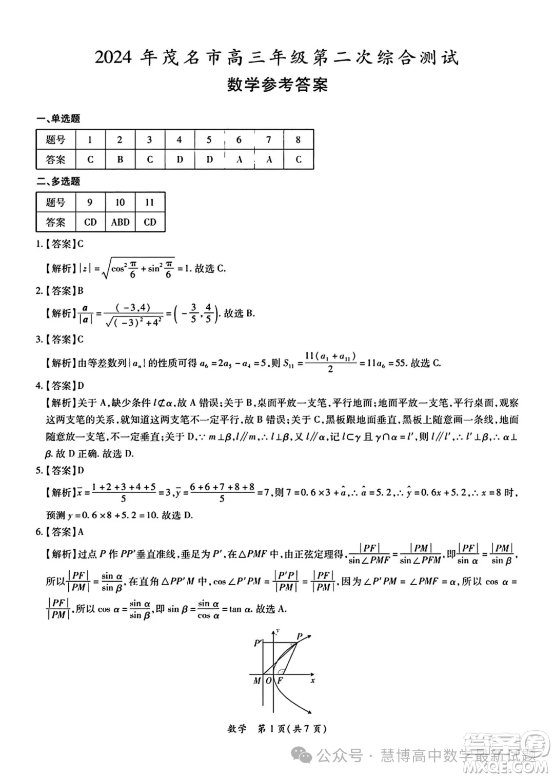 2024年茂名市高三年級第二次綜合測試數(shù)學(xué)試卷答案