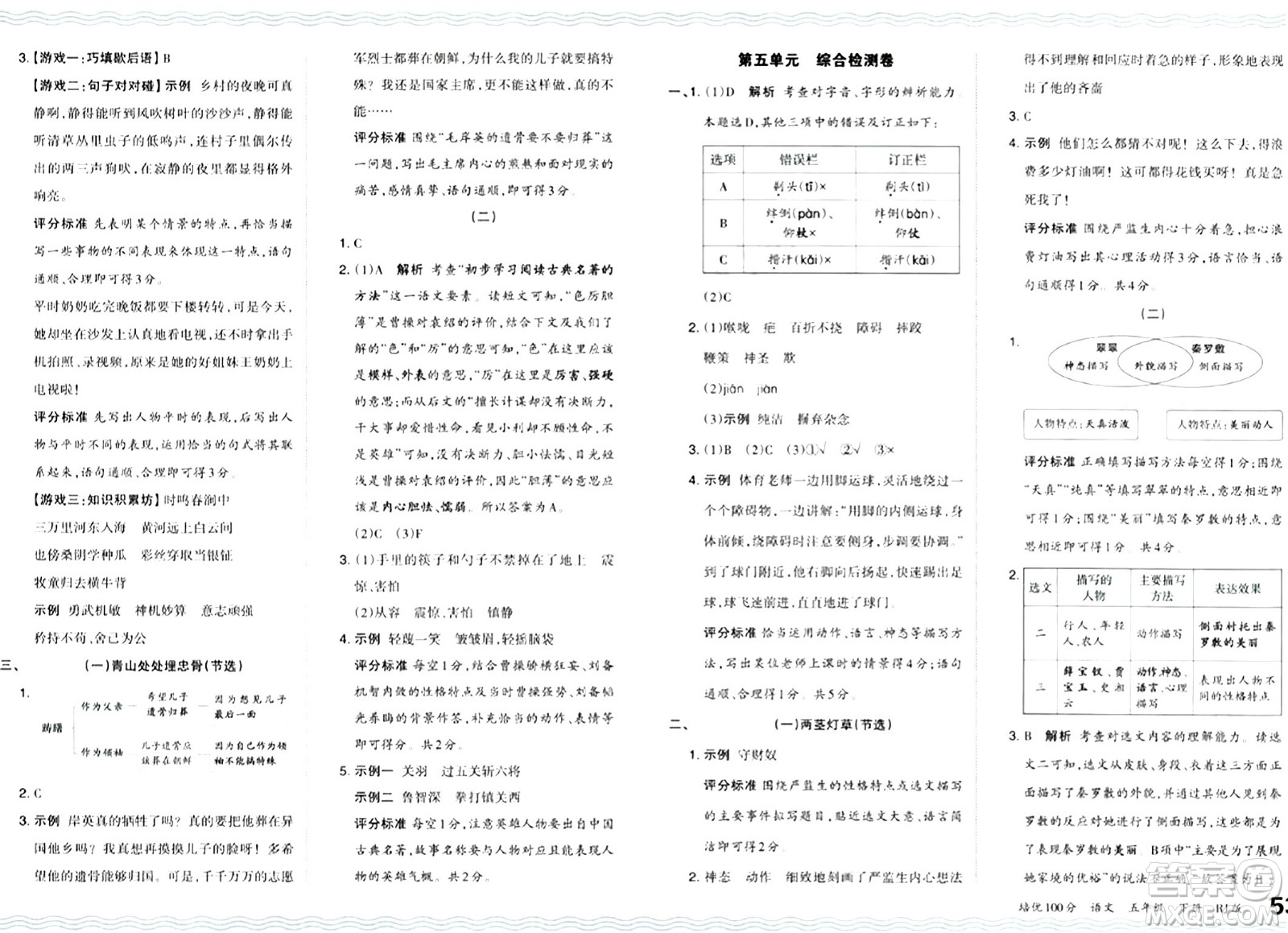 江西人民出版社2024年春王朝霞培優(yōu)100分五年級語文下冊人教版答案