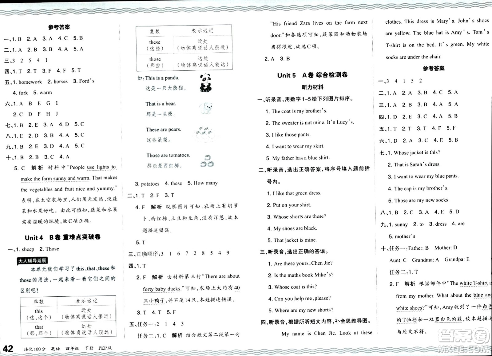 江西人民出版社2024年春王朝霞培優(yōu)100分四年級(jí)英語下冊(cè)人教版答案