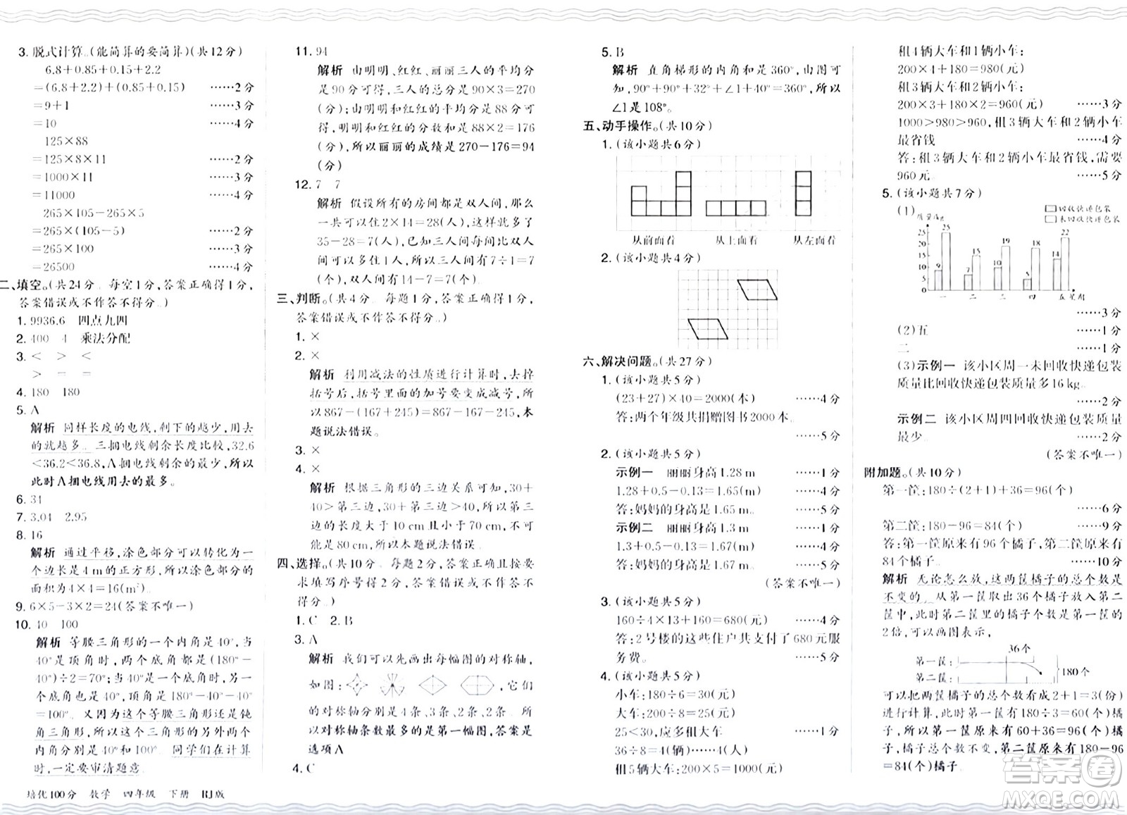 江西人民出版社2024年春王朝霞培優(yōu)100分四年級數(shù)學(xué)下冊人教版答案