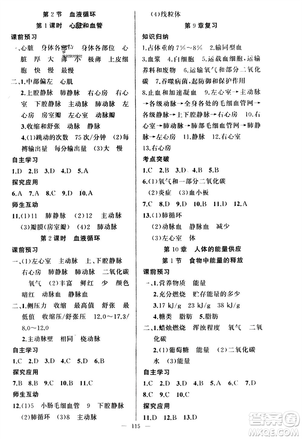 新疆青少年出版社2024年春原創(chuàng)新課堂七年級(jí)生物下冊(cè)北師大版參考答案