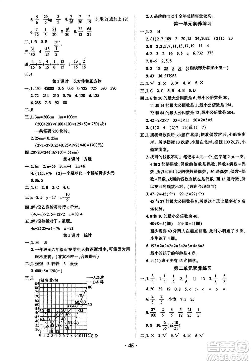 吉林教育出版社2024年春一對(duì)一同步精練測(cè)評(píng)五年級(jí)數(shù)學(xué)下冊(cè)西師版參考答案