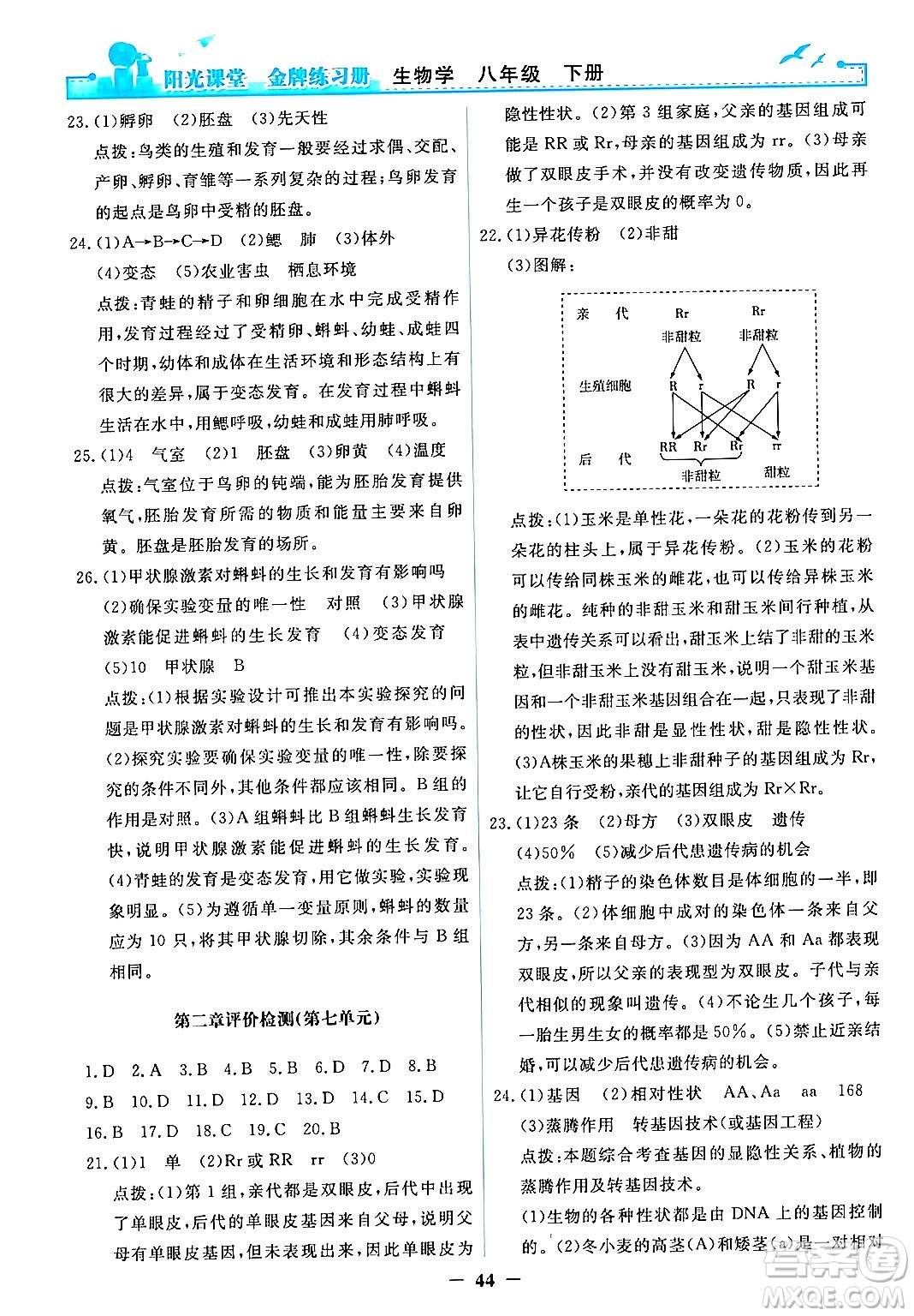 人民教育出版社2024年春陽光課堂金牌練習冊八年級生物下冊人教版答案