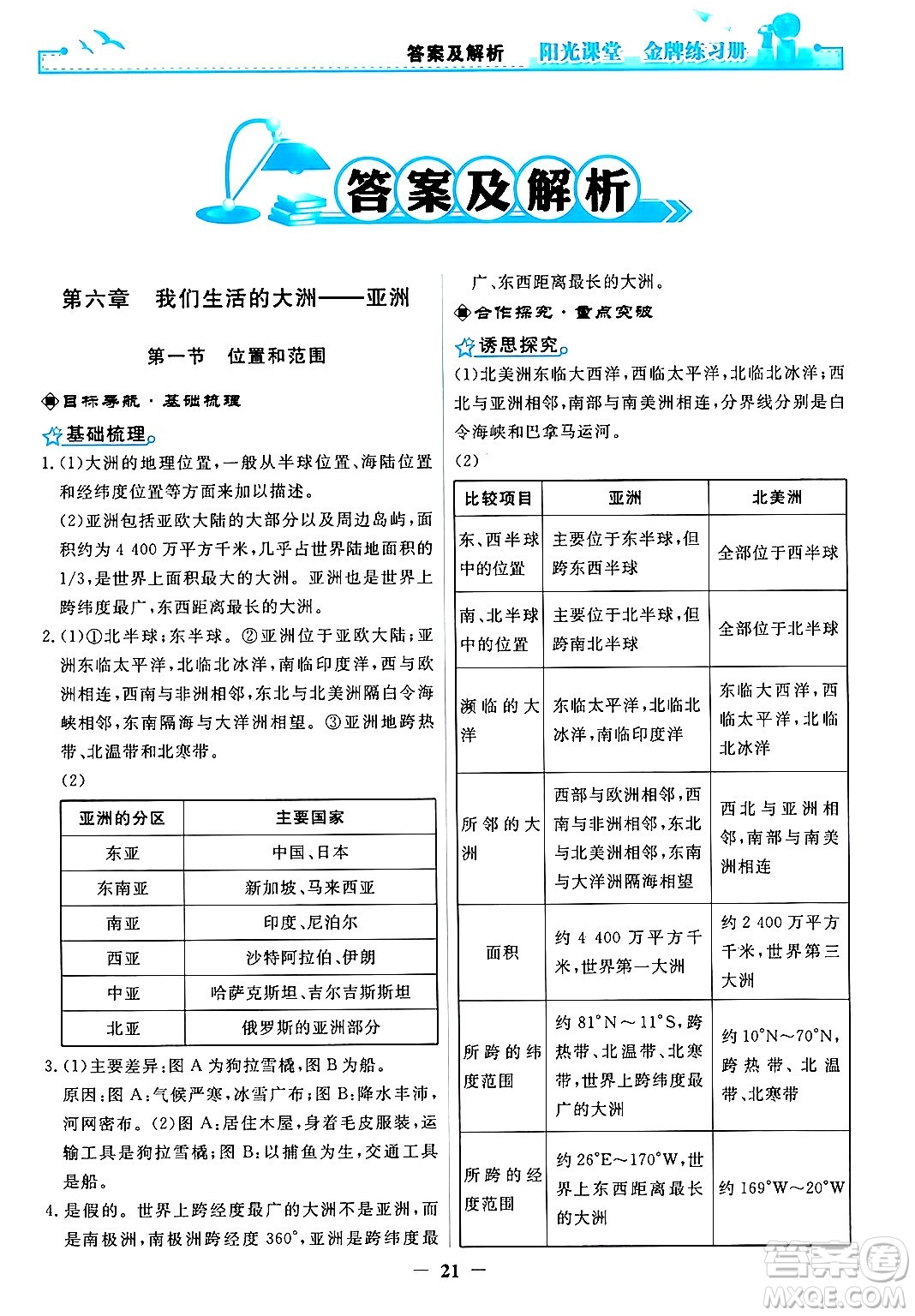 人民教育出版社2024年春陽光課堂金牌練習(xí)冊七年級地理下冊人教版答案