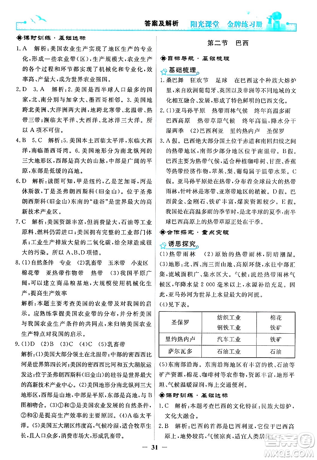 人民教育出版社2024年春陽光課堂金牌練習(xí)冊七年級地理下冊人教版答案