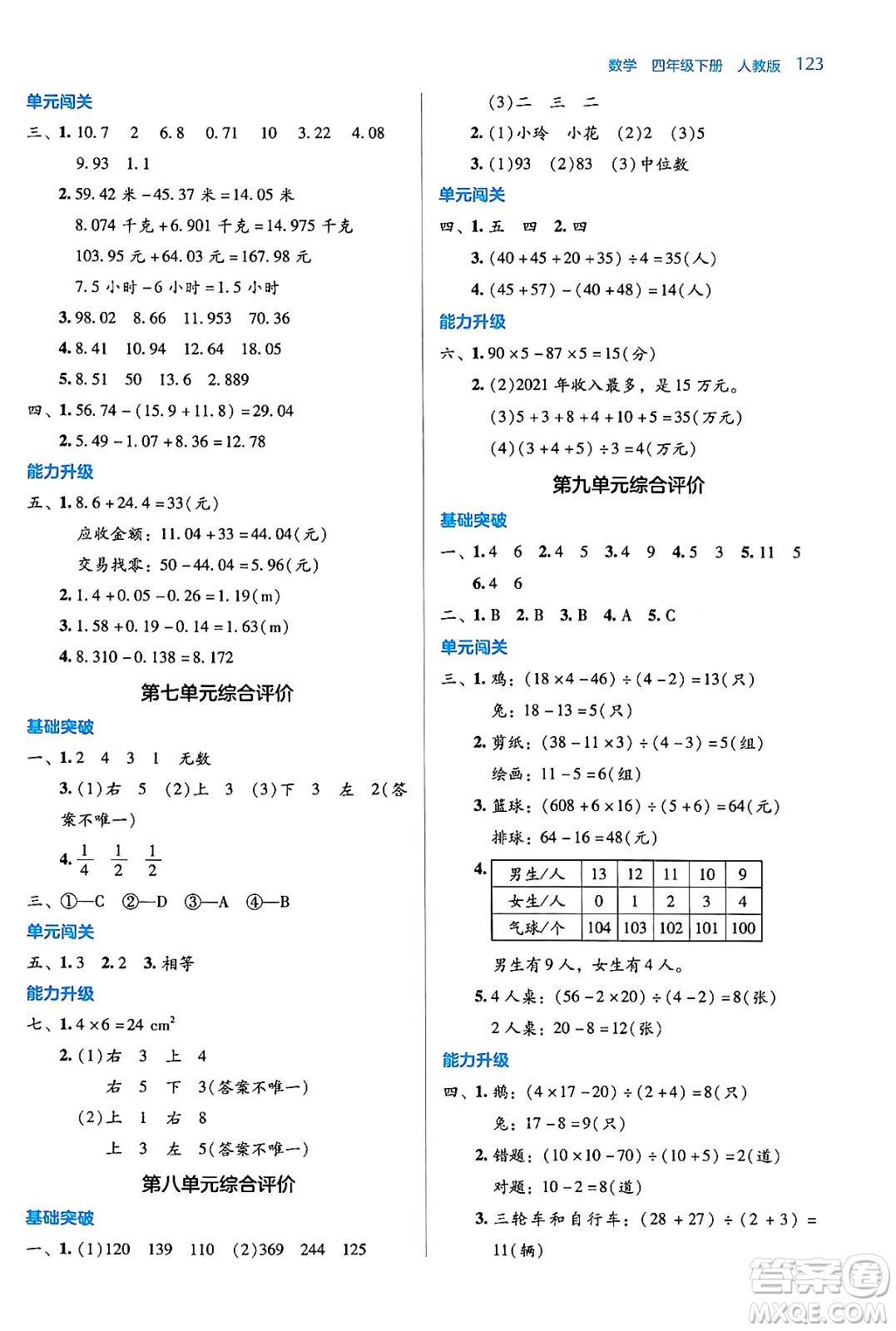 湖南教育出版社2024年春學(xué)法大視野四年級(jí)數(shù)學(xué)下冊(cè)人教版答案