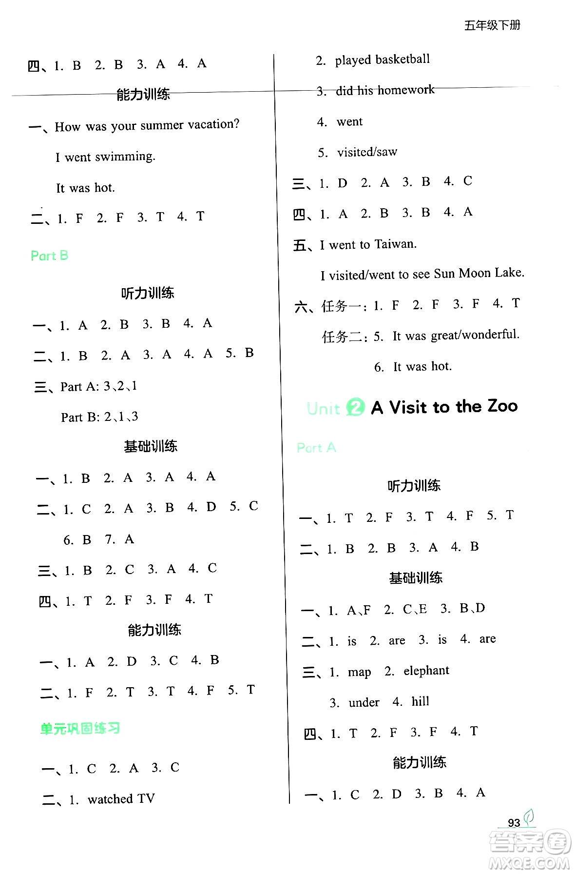 湖南教育出版社2024年春一本同步訓(xùn)練五年級(jí)英語(yǔ)下冊(cè)閩教版福建專版答案