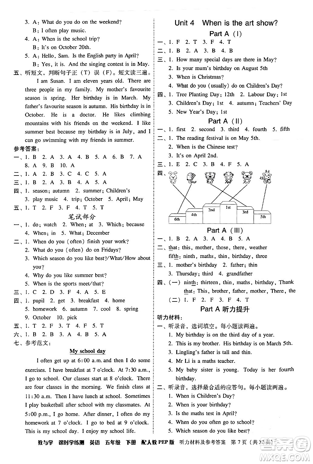 安徽人民出版社2024年春教與學課時學練測五年級英語下冊人教PEP版答案