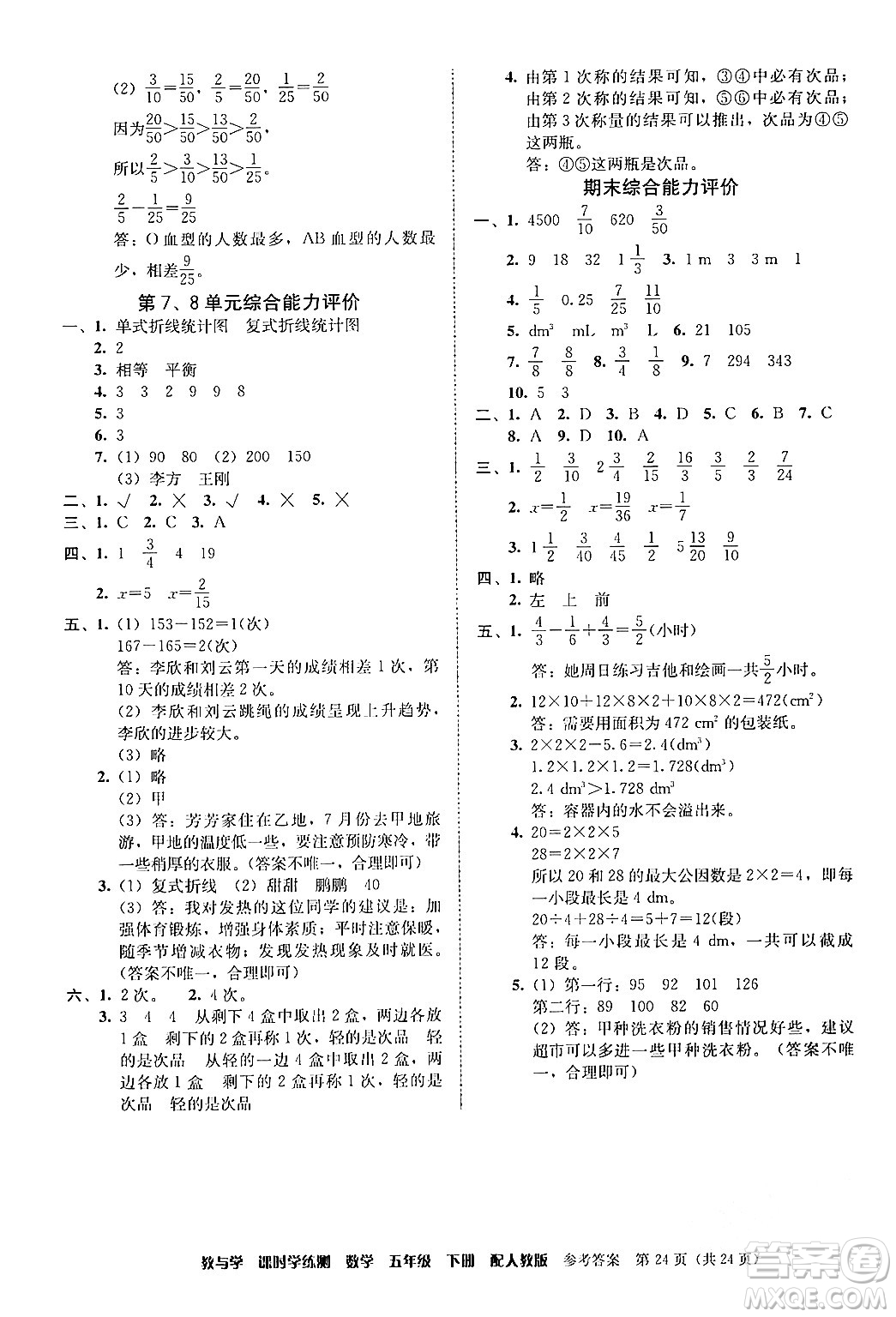 安徽人民出版社2024年春教與學(xué)課時(shí)學(xué)練測(cè)五年級(jí)數(shù)學(xué)下冊(cè)人教版答案