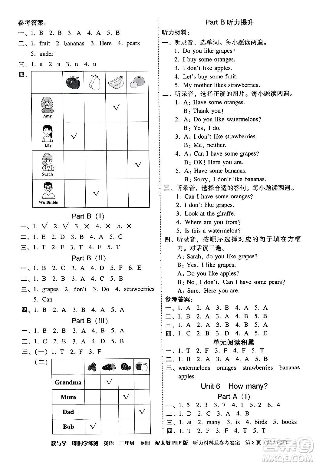 安徽人民出版社2024年春教與學課時學練測三年級英語下冊人教PEP版答案