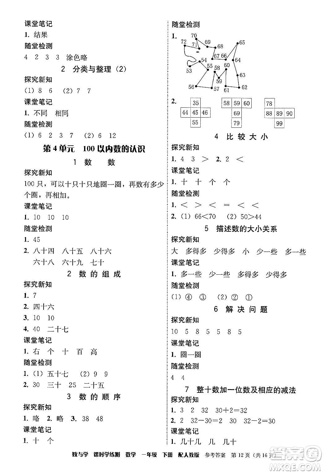 安徽人民出版社2024年春教與學課時學練測一年級數學下冊人教版答案