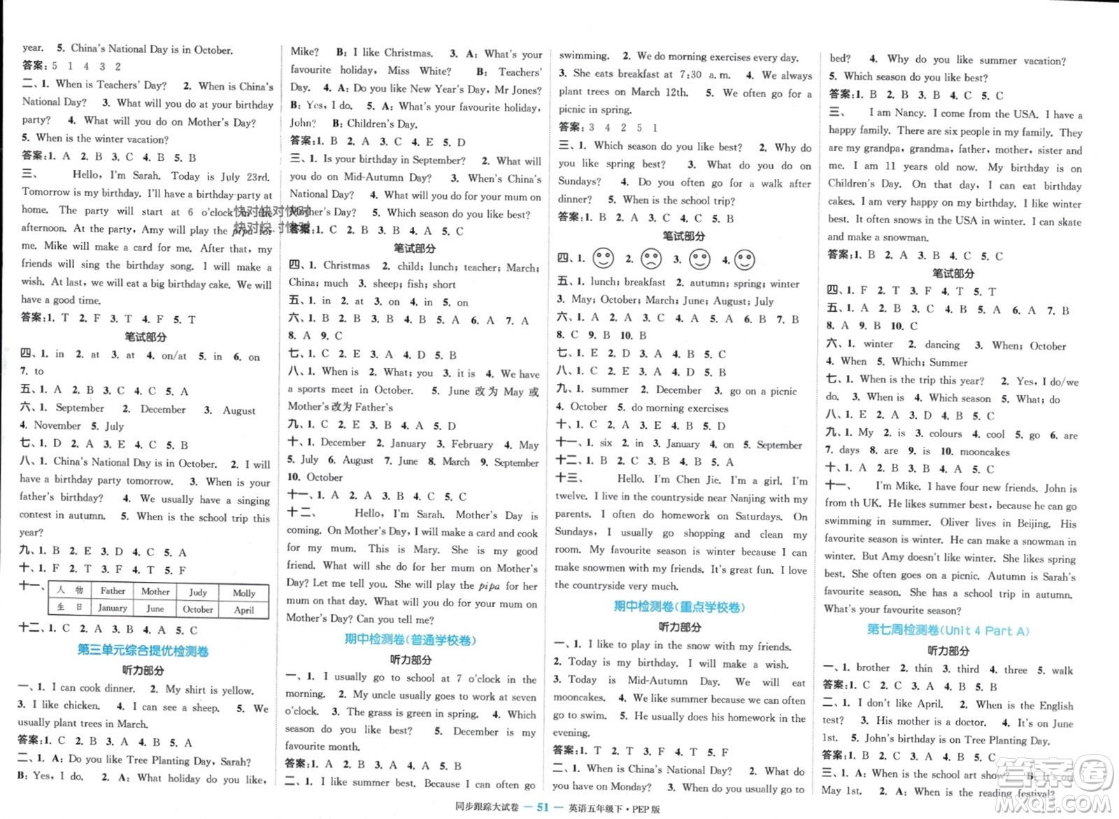 北方婦女兒童出版社2024年春金色課堂同步跟蹤大試卷五年級英語下冊人教版參考答案