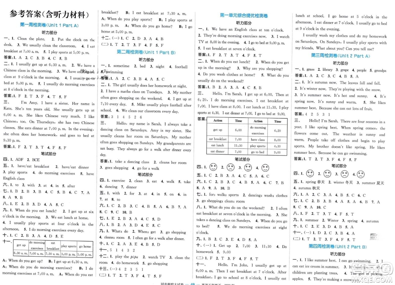 北方婦女兒童出版社2024年春金色課堂同步跟蹤大試卷五年級英語下冊人教版參考答案