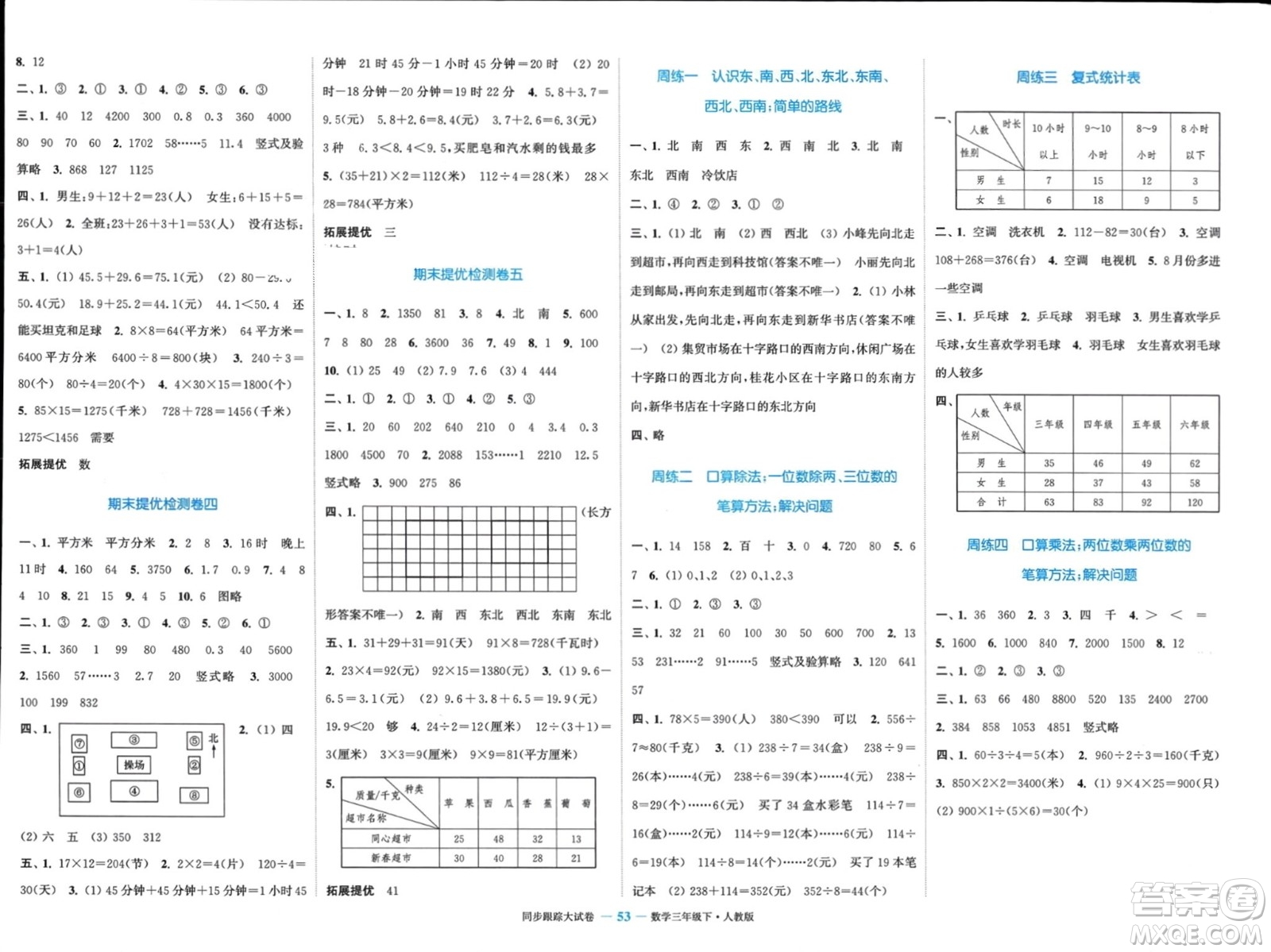 北方婦女兒童出版社2024年春金色課堂同步跟蹤大試卷三年級數學下冊人教版參考答案