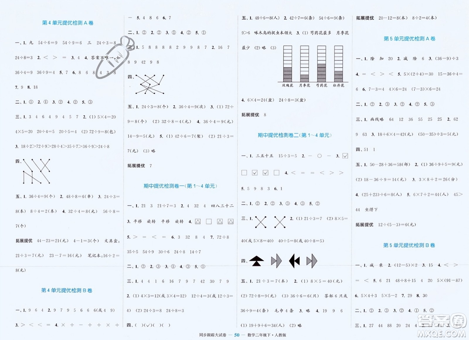 北方婦女兒童出版社2024年春金色課堂同步跟蹤大試卷二年級(jí)數(shù)學(xué)下冊(cè)人教版參考答案