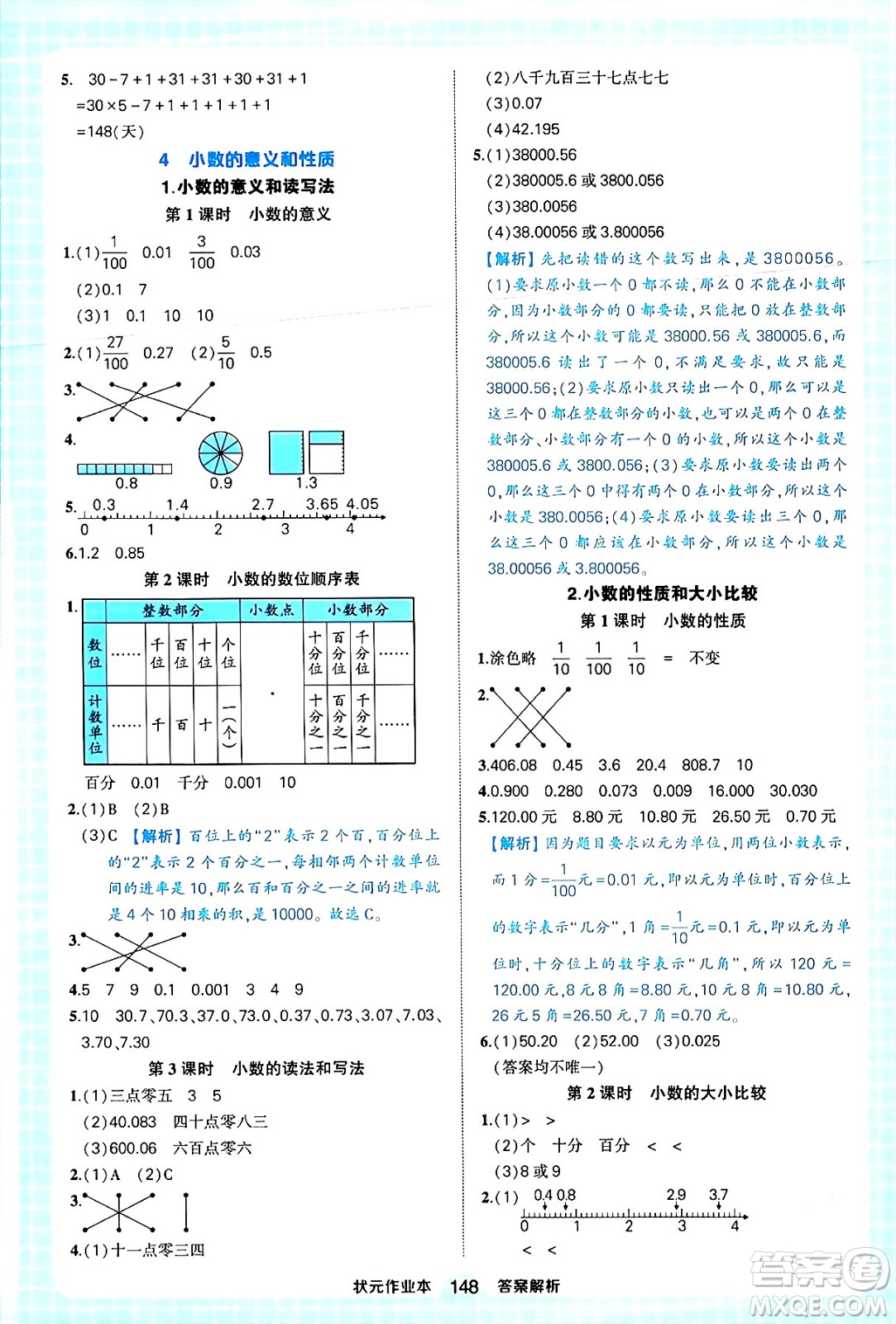 西安出版社2024年春狀元成才路狀元作業(yè)本四年級(jí)數(shù)學(xué)下冊(cè)人教版答案