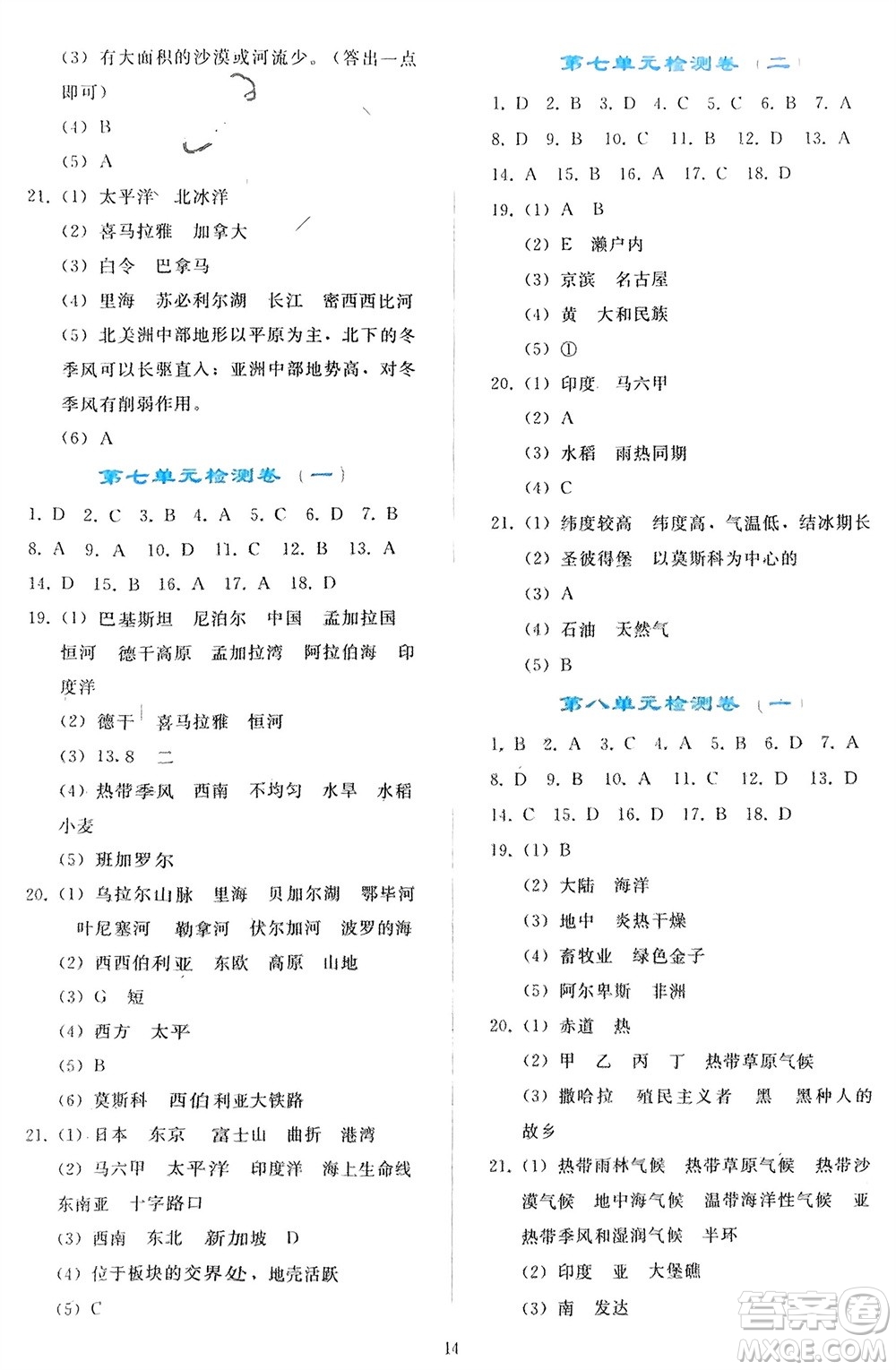 人民教育出版社2024年春同步輕松練習(xí)七年級地理下冊人教版參考答案