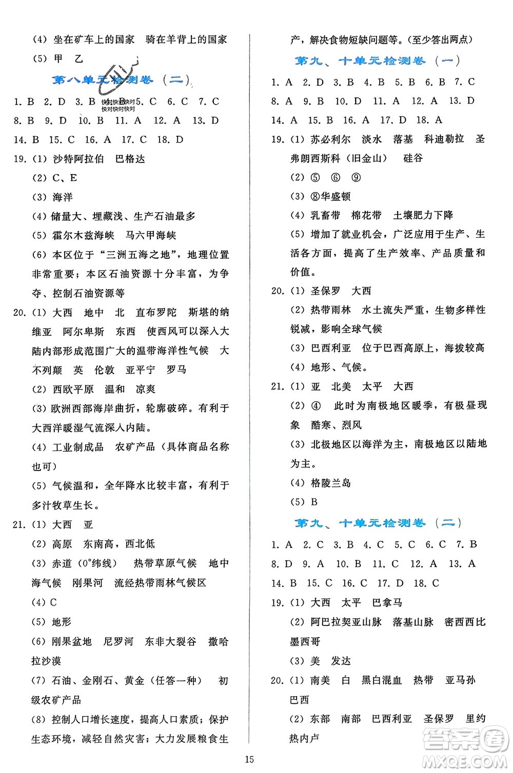 人民教育出版社2024年春同步輕松練習(xí)七年級(jí)地理下冊(cè)人教版遼寧專版參考答案