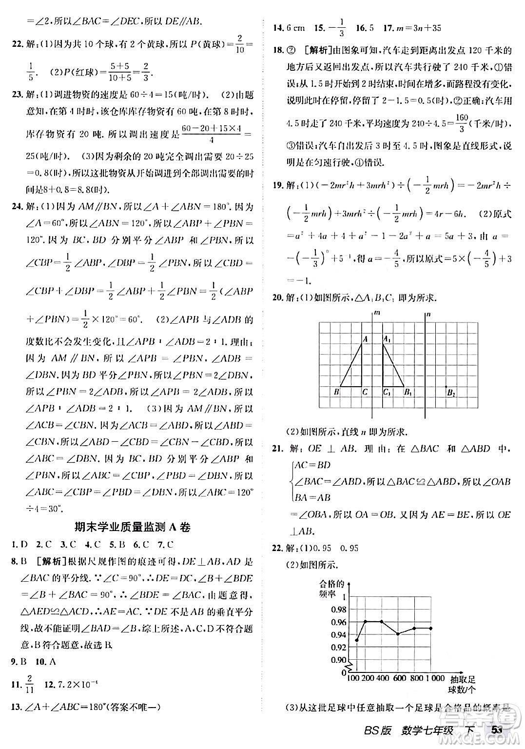 新疆青少年出版社2024年春海淀單元測(cè)試AB卷七年級(jí)數(shù)學(xué)下冊(cè)北師大版答案