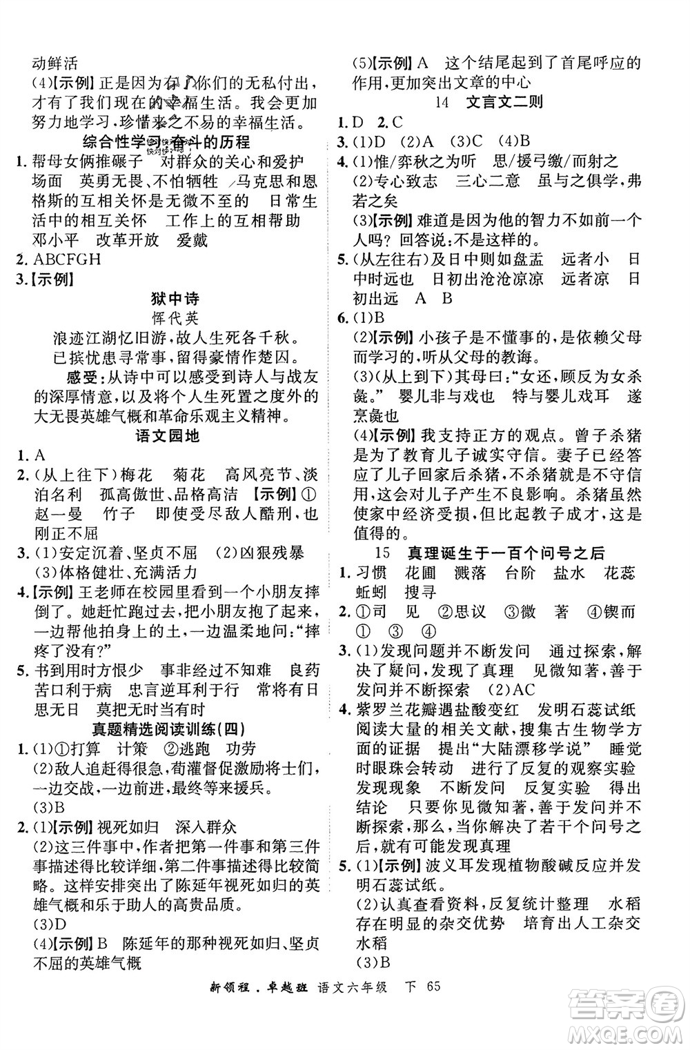 合肥工業(yè)大學出版社2024年春新領(lǐng)程六年級語文下冊通用版參考答案